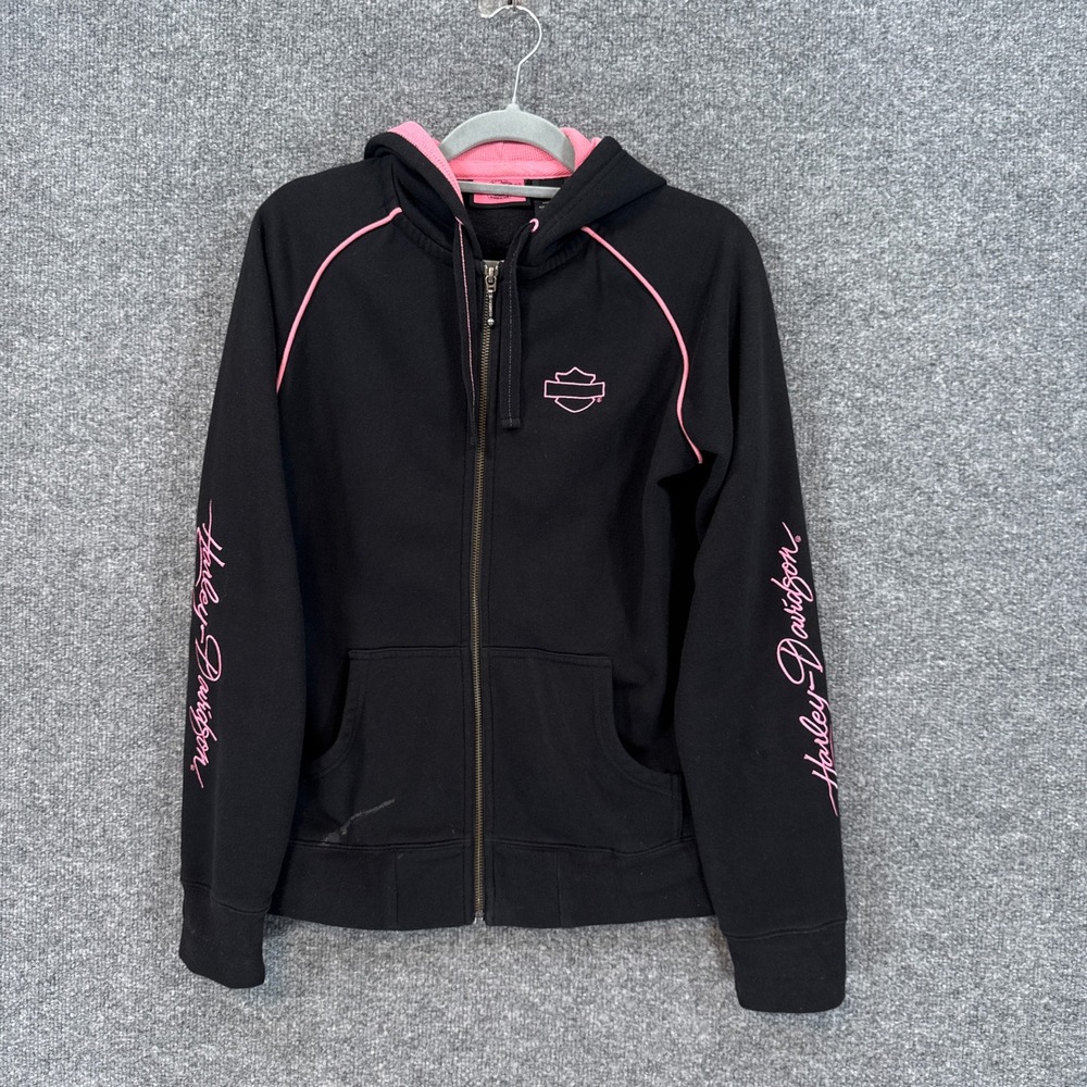 Harley Davidson Hoodie Womens Medium Black Pink Contrast Piping Full Zip Logo